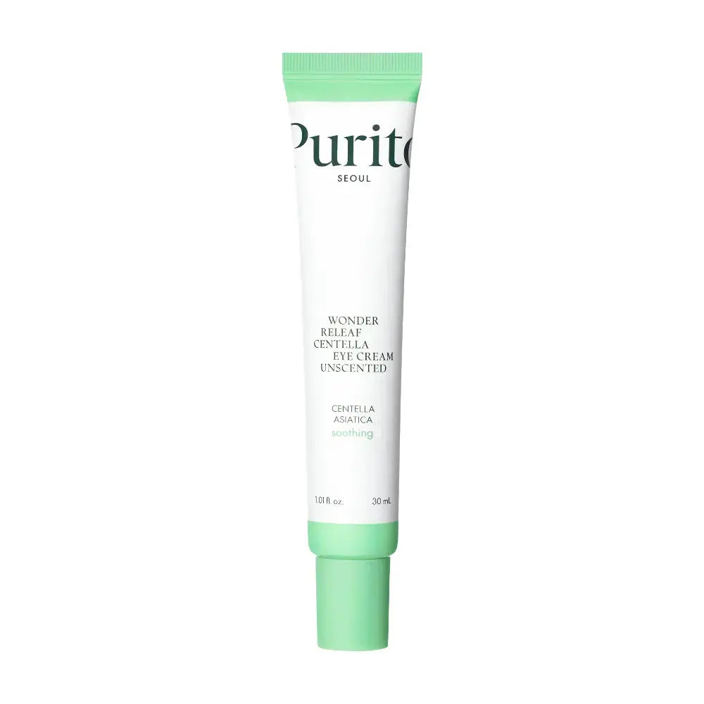 PURITO Wonder Releaf Centella Eye Cream unscented in a 30 ml jar, featuring a smooth, hydrating formula for sensitive eye areas.
