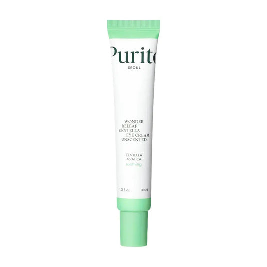 PURITO Wonder Releaf Centella Eye Cream unscented in a 30 ml jar, featuring a smooth, hydrating formula for sensitive eye areas.