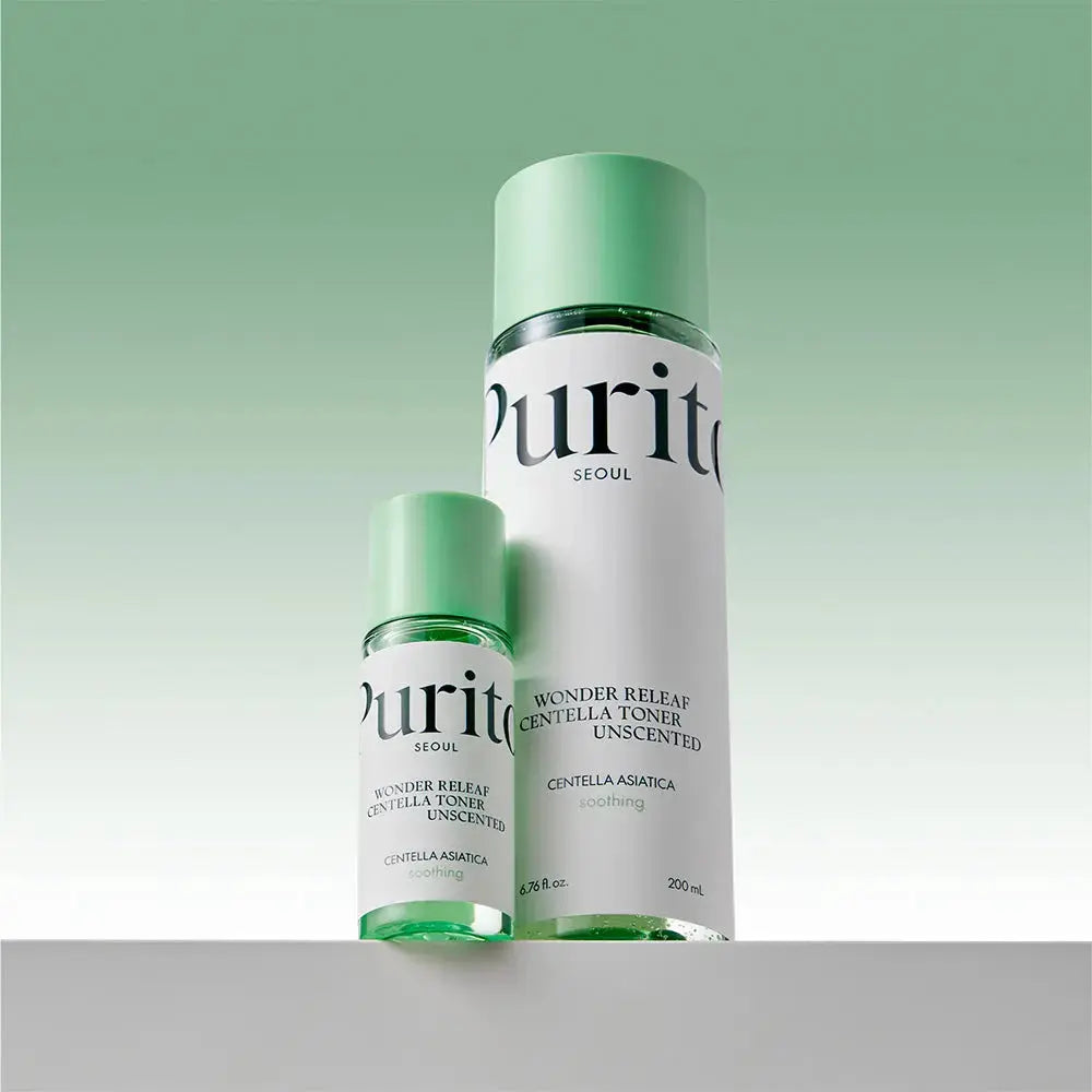 Purito Wonder Releaf Centella Mini Kit Unscented, special care skincare set with calming centella extract in small bottles.