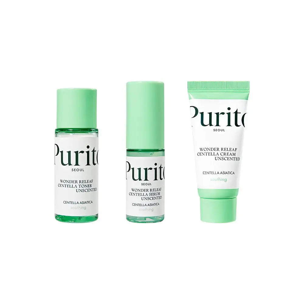 PURITO Wonder Releaf Centella Mini Kit Unscented, special care skincare set with soothing centella, in compact packaging.