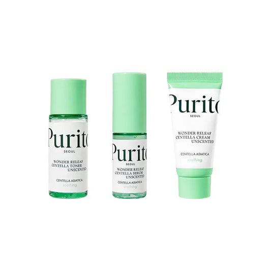 PURITO Wonder Releaf Centella Mini Kit Unscented, special care skincare set with soothing centella, in compact packaging.