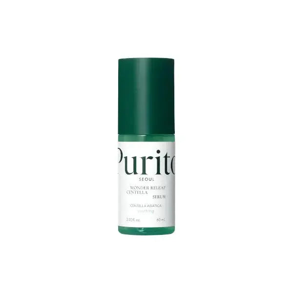 Bottle of PURITO Wonder Releaf Centella Serum 60ml with a clear dropper cap, displayed on a white background.