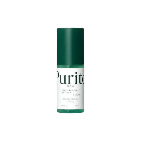 Bottle of PURITO Wonder Releaf Centella Serum 60ml with a clear dropper cap, displayed on a white background.