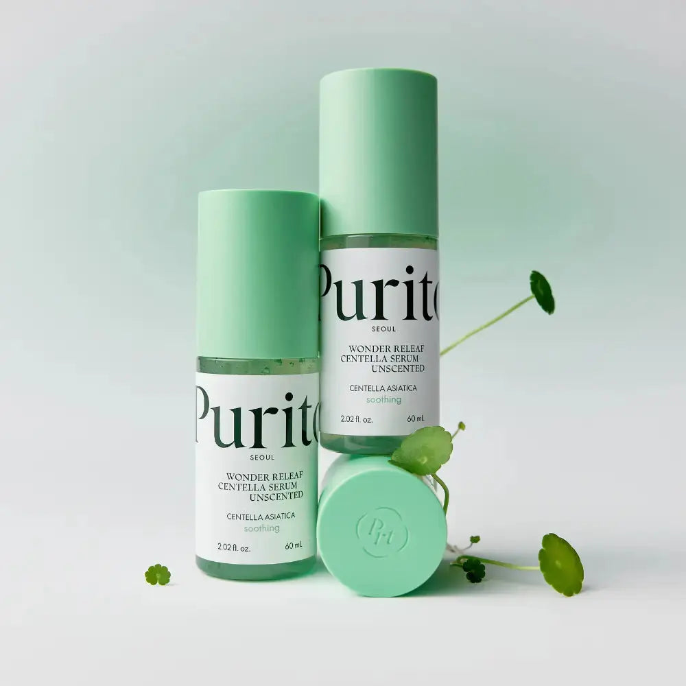 PURITO Wonder Releaf Centella Serum Unscented in 60ml bottle, featuring a clear serum from PURITO SEOUL for soothing skin.