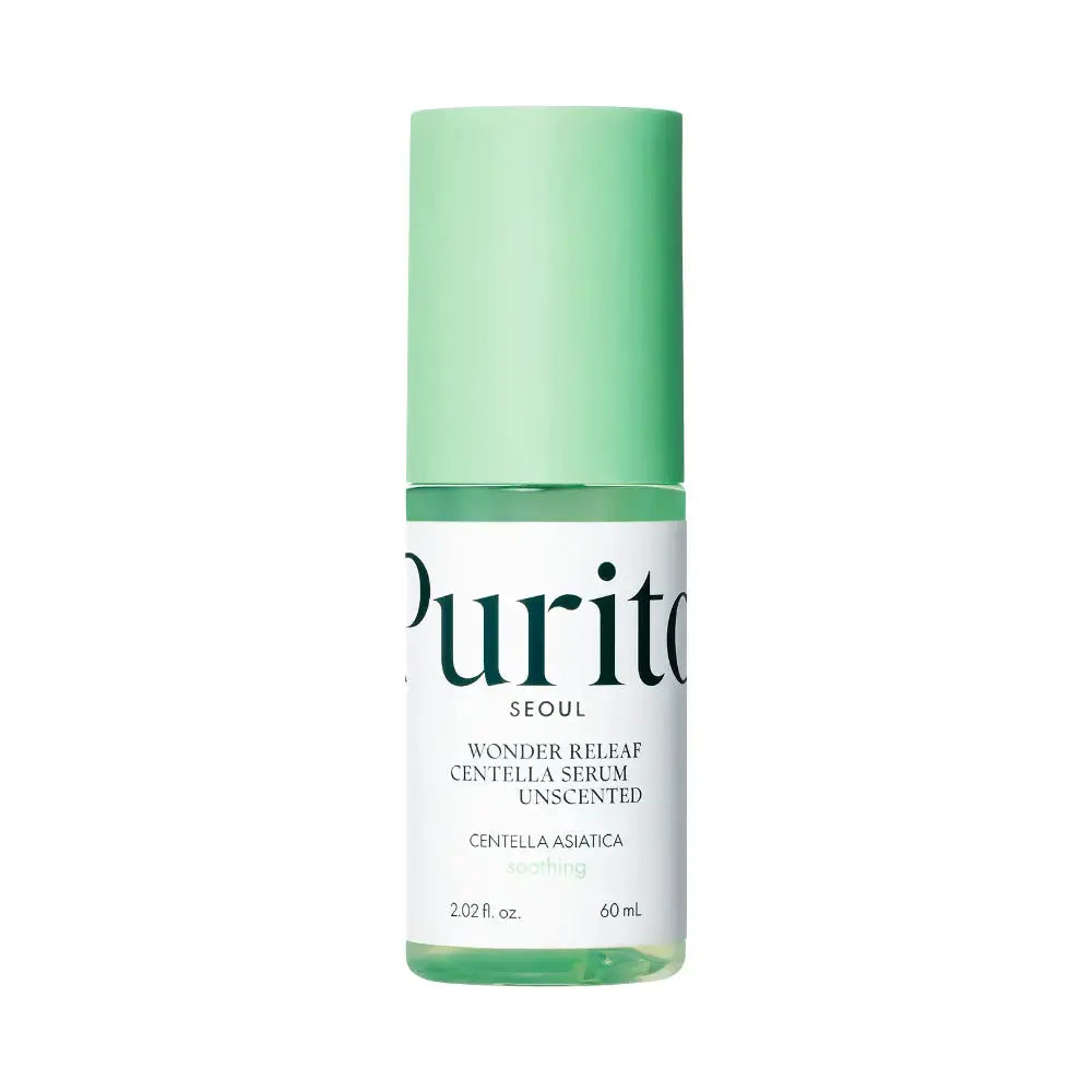 Bottle of PURITO Wonder Releaf Centella Serum Unscented 60ml, a skincare serum with centella for soothing skin.