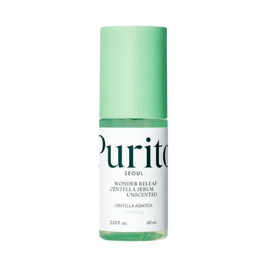 Bottle of PURITO Wonder Releaf Centella Serum Unscented 60ml, a skincare serum with centella for soothing skin.