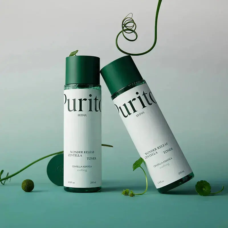 PURITO Wonder Releaf Centella Toner 200 ml bottle showing the product label and packaging for soothing skin care.