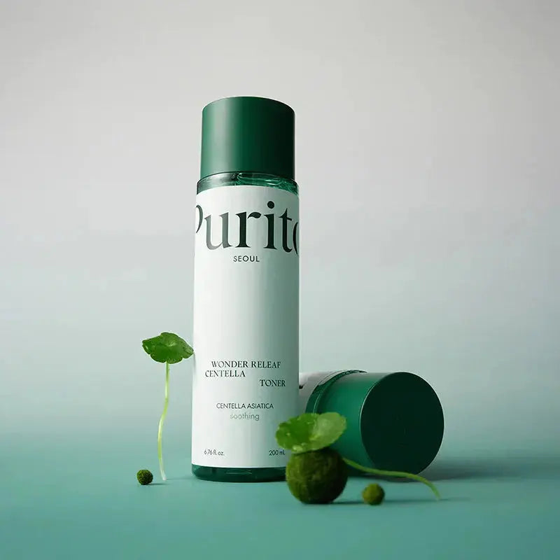 PURITO Wonder Releaf Centella Toner 200ml featuring clear bottle and label, suitable for soothing and hydrating skin.
