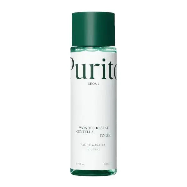 PURITO Wonder Releaf Centella Toner in a 200 ml bottle, featuring clear liquid and branding on the label.