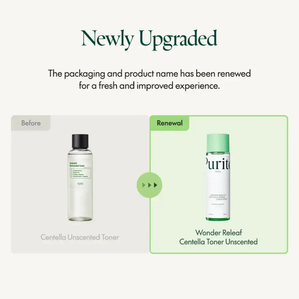 PURITO Wonder Releaf Centella Toner Unscented in 200ml bottle, hydrating skincare product with centella for soothing skin.