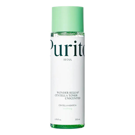 Bottle of PURITO Wonder Releaf Centella Toner Unscented 200ml, a soothing skincare toner with centella extract from PURITO SEOUL.