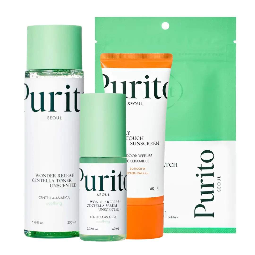 Purito Wonder Releaf Centella Unscented Skincare Set with soothing, fragrance-free products for sensitive skin care routine.