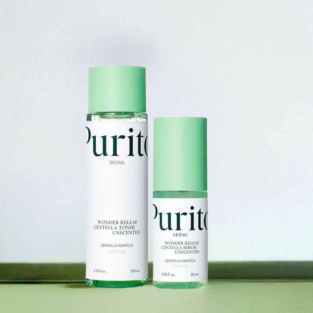 Purito Wonder Releaf Centella Unscented Toner and Serum set, featuring soothing skincare in a clear bottle with minimalist design.