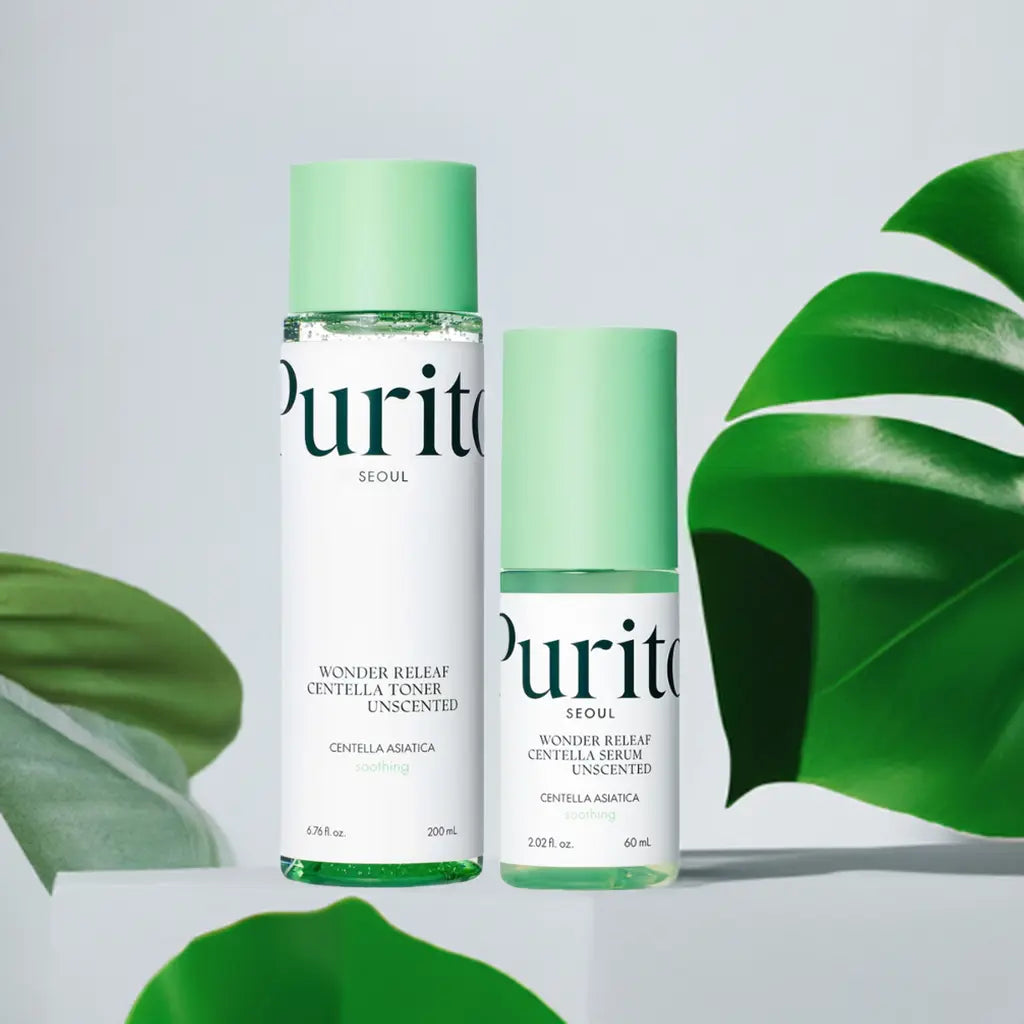 Purito Wonder Releaf Centella Unscented Toner and Serum set with clear bottles, featuring natural ingredients and minimalist packaging