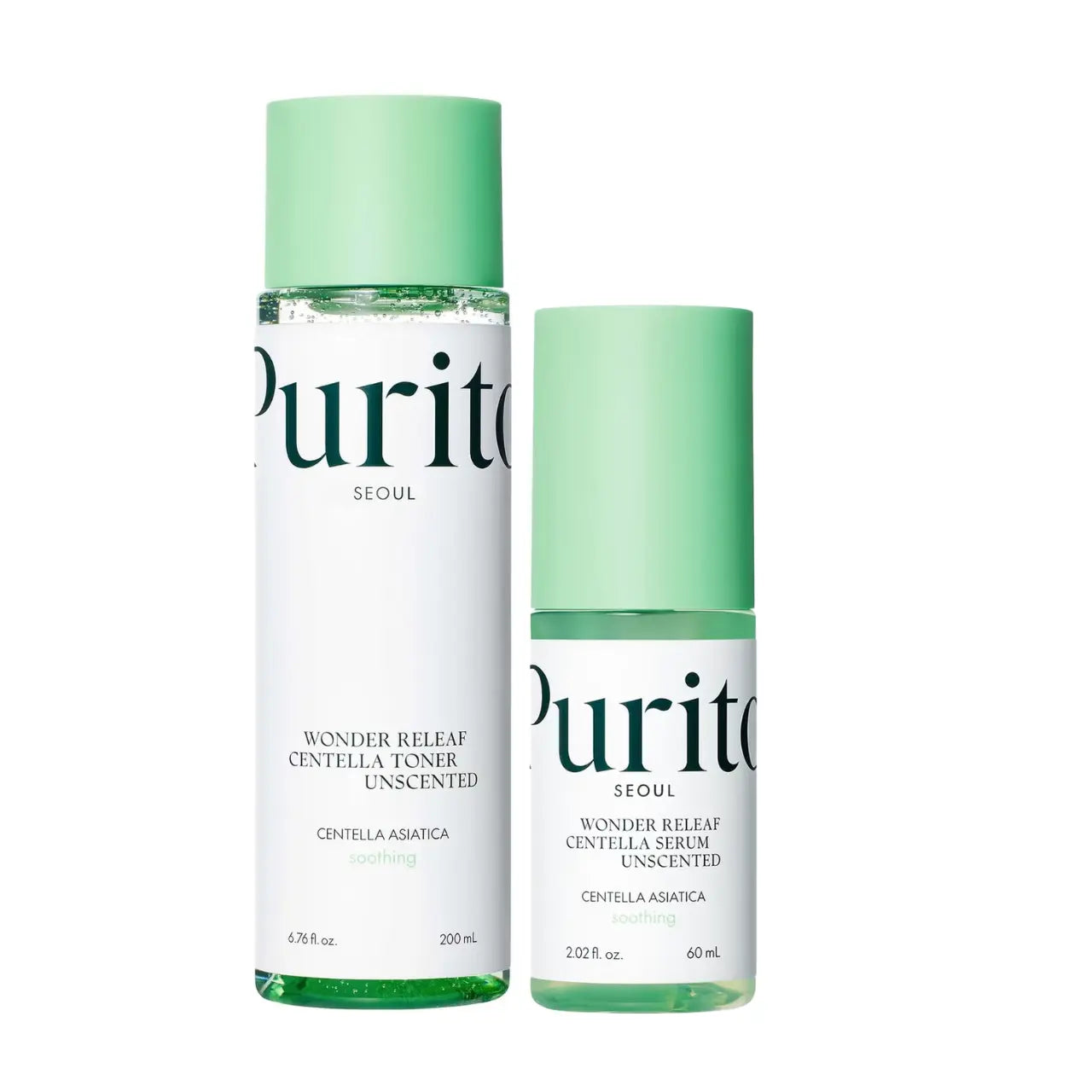 Purito Wonder Releaf Centella Unscented Toner and Serum set with soothing, clear bottles and minimalist design for sensitive skin.
