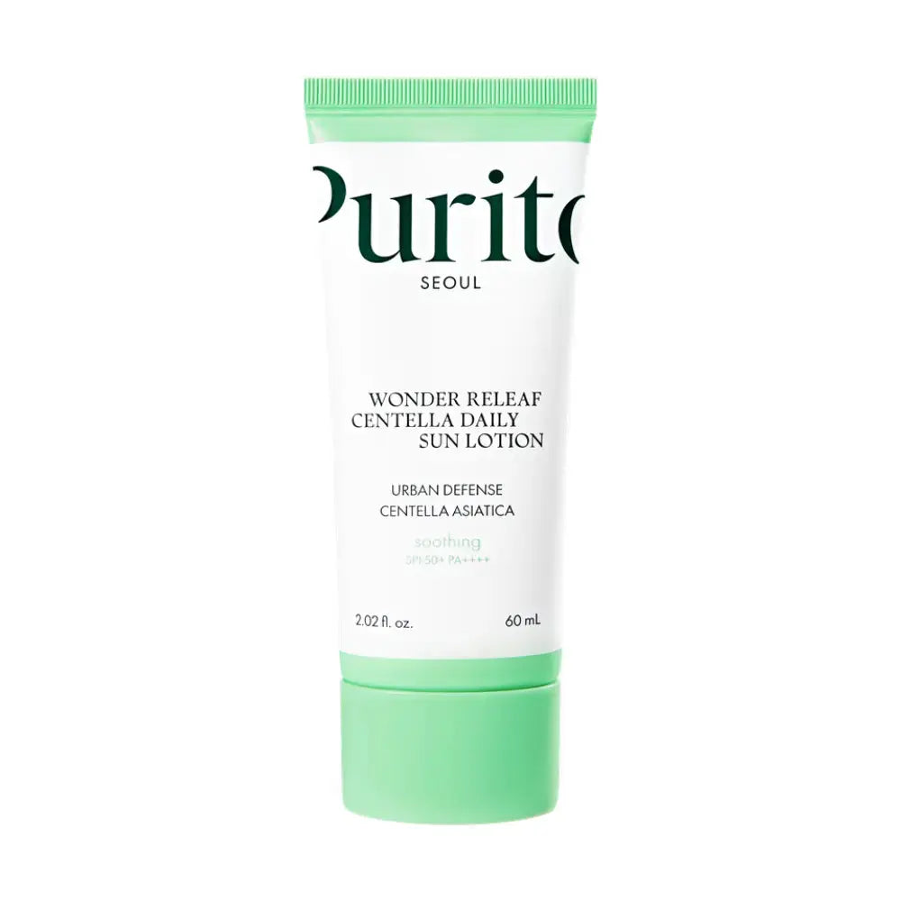 PURITO Wonder Releaf Daily Sun Lotion 60 ml, a lightweight sunscreen in a white bottle with blue accents, suitable for daily use.