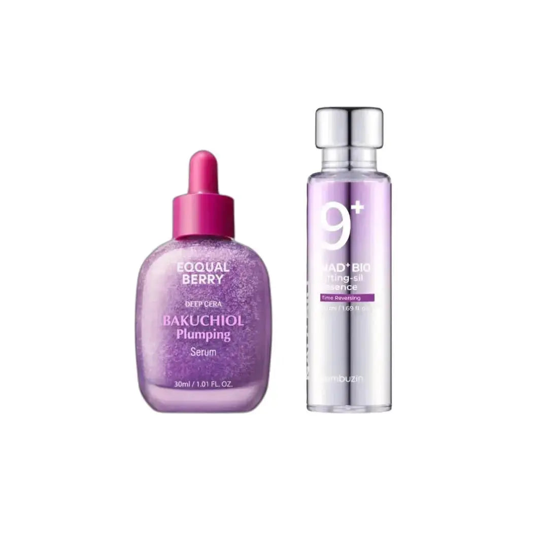 EQQUALBERRY Purple Radiance Duo featuring skincare bottles with purple packaging, designed for youth-boosting skincare.
