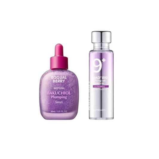 EQQUALBERRY Purple Radiance Duo featuring skincare bottles with purple packaging, designed for youth-boosting skincare.