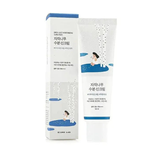 Round Lab Birch Juice Moisturizing Sunscreen 50ml tube with a white cap, showcasing the product label and packaging.