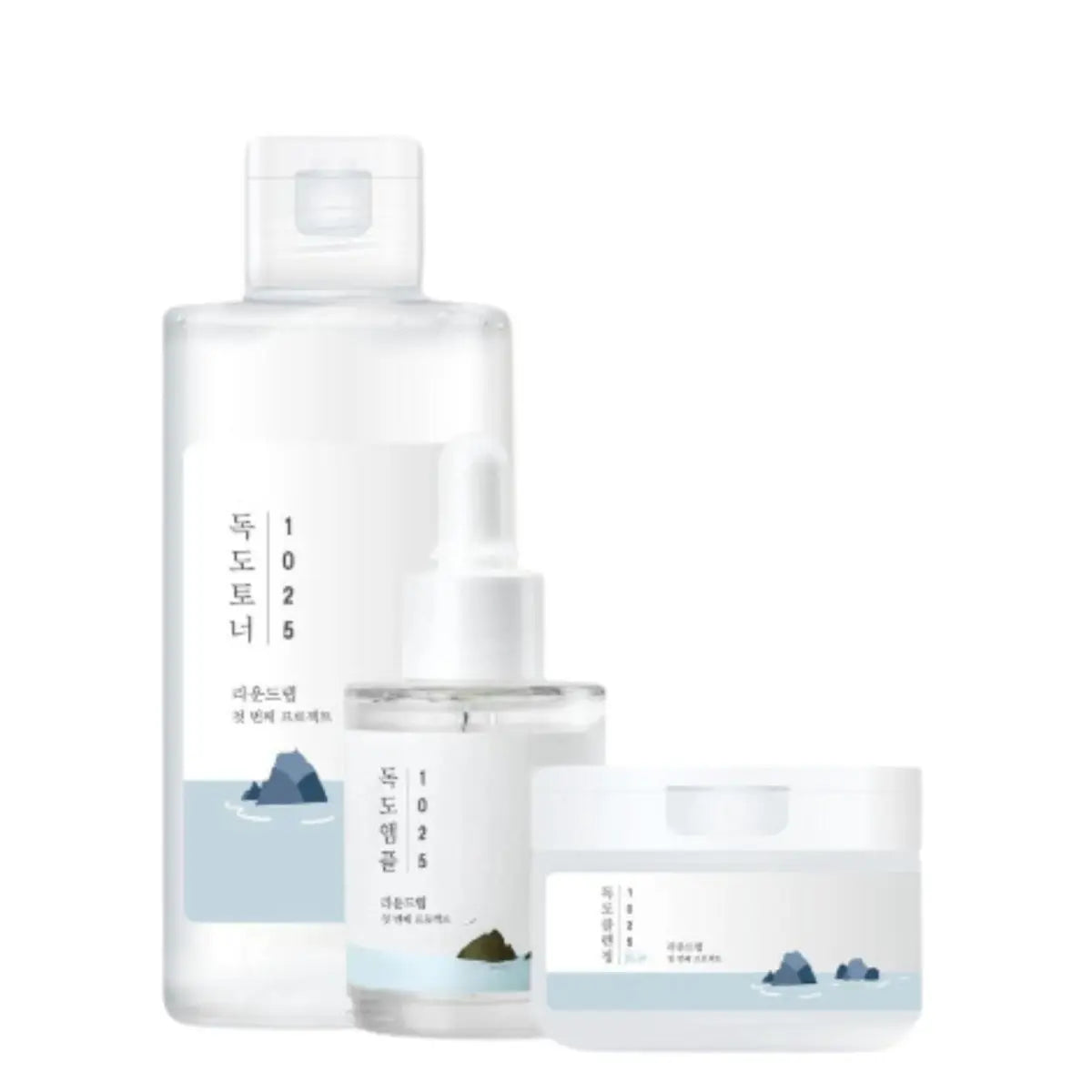 Round Lab toner, serum, and cleansing balm set with matching bottles and jars, showcasing skincare products in a clean, minimalist design.