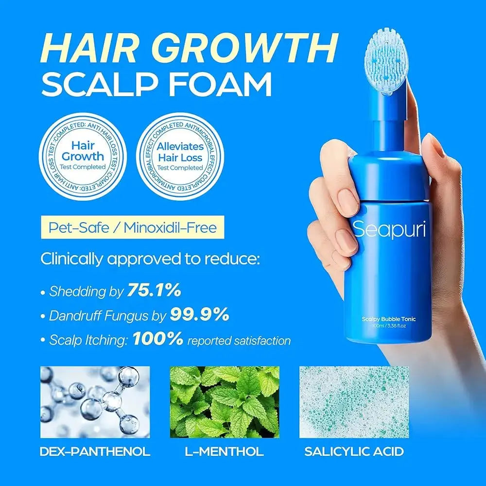 SEAPURI Scalpy Bubble Tonic 100 ml hair tonic bottle with a pump dispenser, designed to promote scalp health and hair growth.