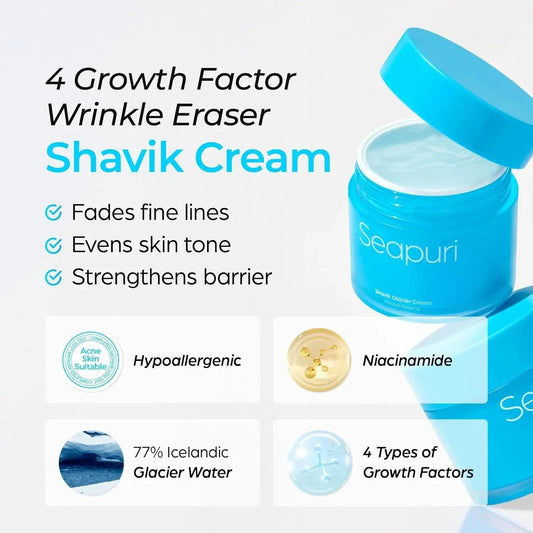 Seapuri Shavik Glacier Cream 70 ml jar with white lid, skincare product for moisturizing and revitalizing skin by Seapuri.