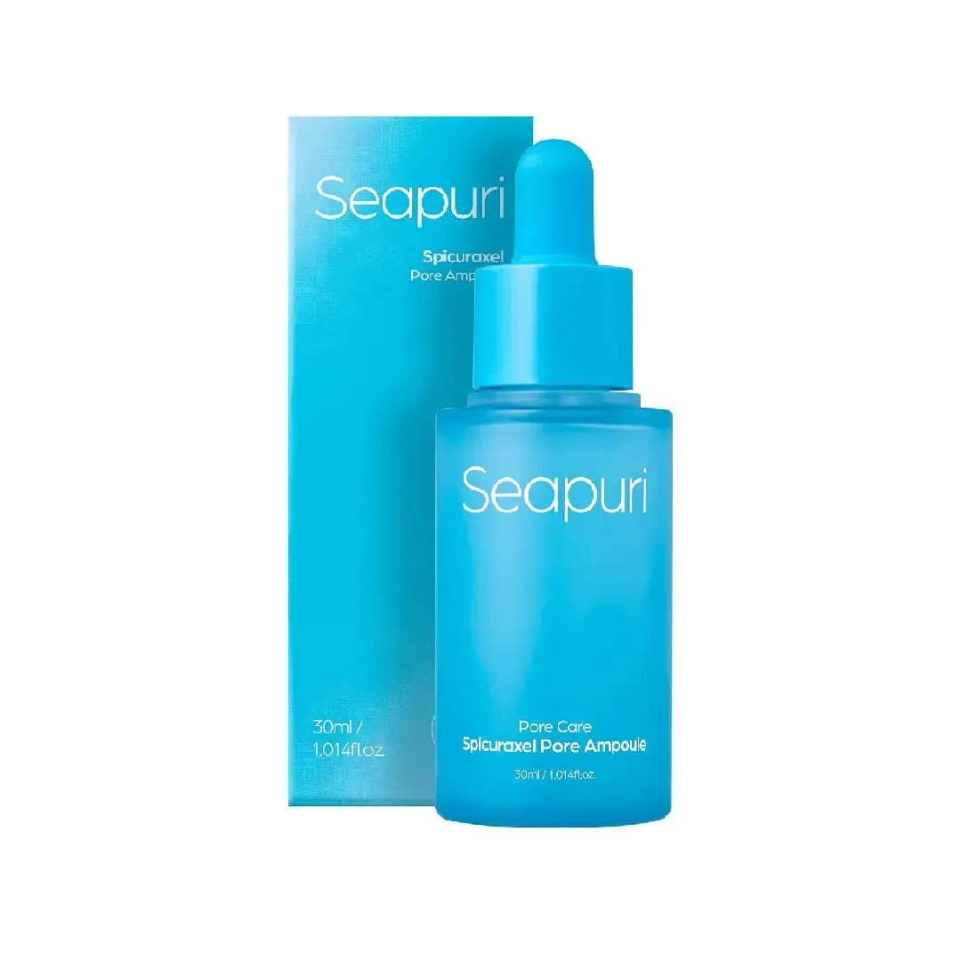 SEAPURI Spicuraxel Pore Ampoule 30 ml skin care product with clear bottle and dropper, designed to improve pore appearance and skin clarity.