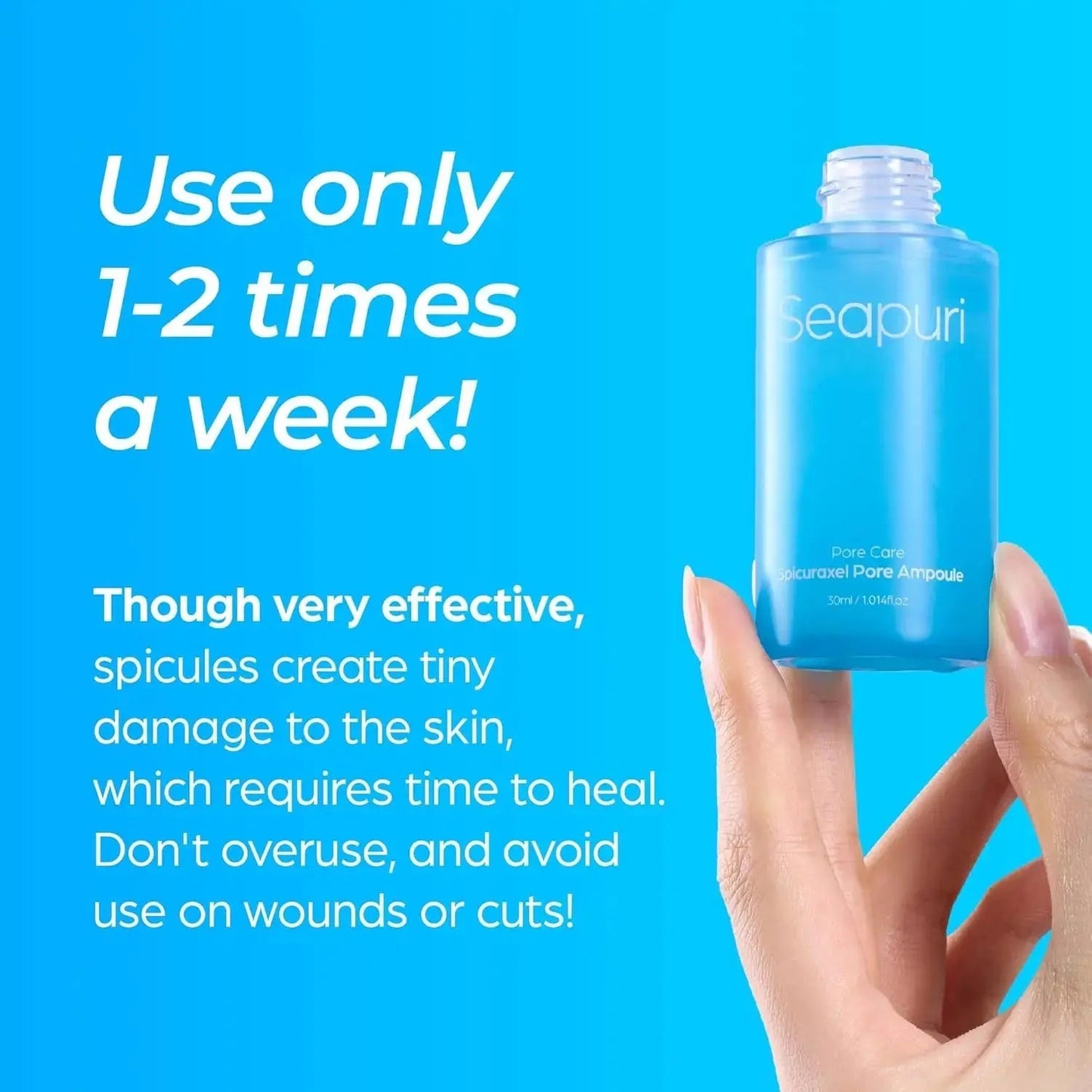 SEAPURI Spicuraxel Pore Ampoule 30ml for skincare, featuring clear bottle with dropper, designed to reduce pore appearance.
