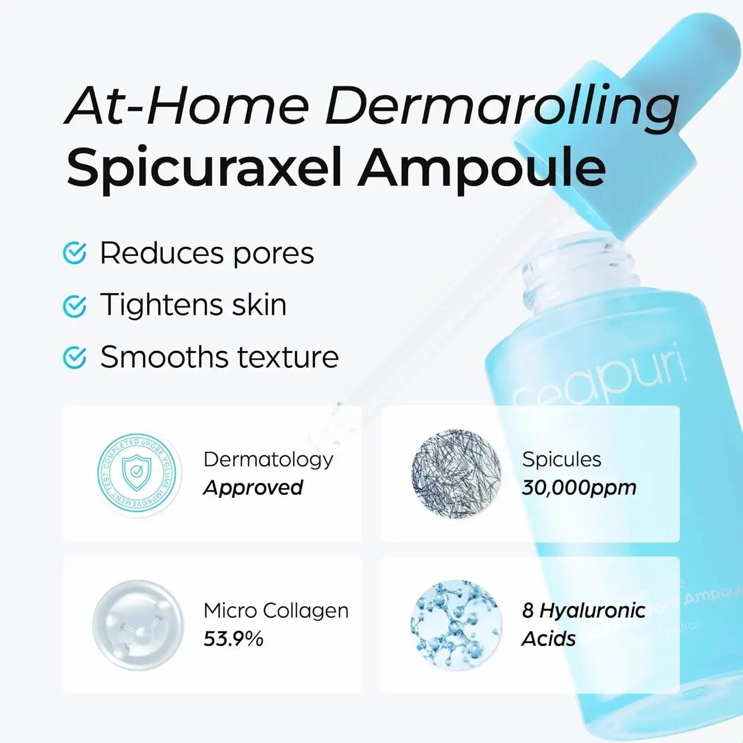 SEAPURI Spicuraxel Pore Ampoule 30 ml in a clear glass bottle, part of SEAPURI's skincare line for pore tightening and skin clarity.