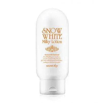 Secret Key Snow White Milky Lotion in a 120 ml bottle, featuring a white and silver packaging design for brightening skincare.