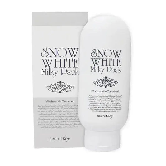 Secret Key Snow White Milky Pack wash-off facial mask, 200g, featuring a creamy texture for brightening and skin whitening.