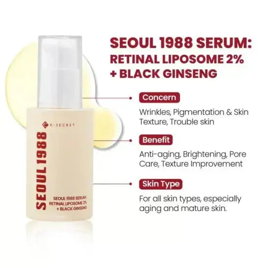 SEOUL 1988 Retinal Liposome 2% and Black Ginseng serum in a 30ml bottle, featuring a sleek design and clear label.