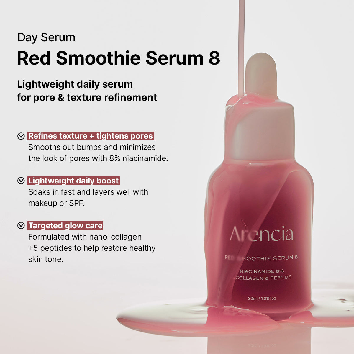 ARENCIA Pore Perfection Collagen Serum Duo featuring two red-tinted skincare serums in sleek bottles.