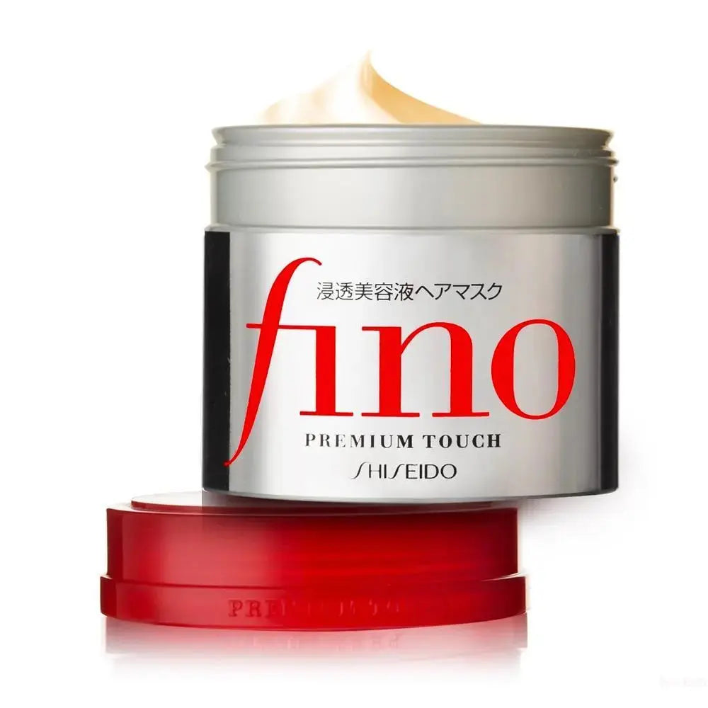 Shiseido Fino Premium Touch Hair Mask 230g jar with smooth, nourishing hair treatment visible in the image.