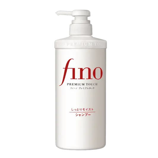 SHISEIDO FINO Premium Touch Moist Shampoo and Conditioner bottles, 550 ml each, for nourishing hair care.