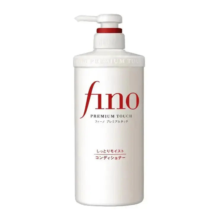 SHISEIDO FINO Premium Touch Moist Shampoo and Conditioner bottles, 550 ml each, with sleek packaging and product labels visible