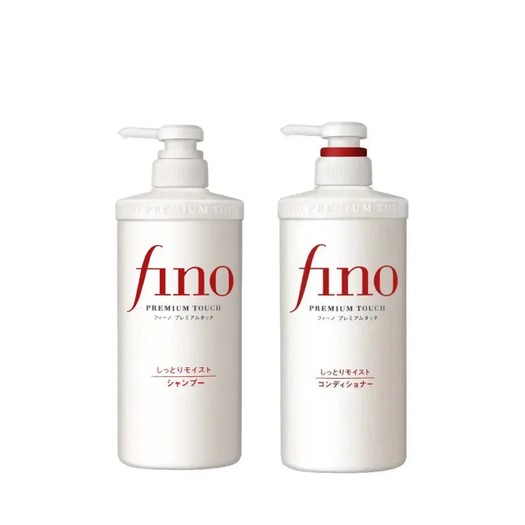 SHISEIDO FINO Premium Touch Moist Shampoo and Conditioner bottles, 550 ml each, with sleek packaging and label details.