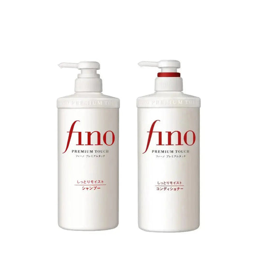 SHISEIDO FINO Premium Touch Moist Shampoo and Conditioner bottles, 550 ml each, with sleek packaging and label details.