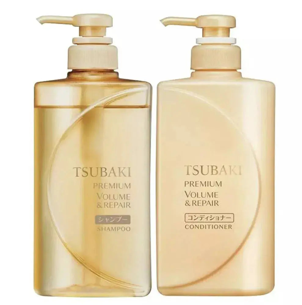 Shiseido Tsubaki Volume & Repair Shampoo and Conditioner set with 490ml bottles, featuring nourishing hair care for volume and repair.