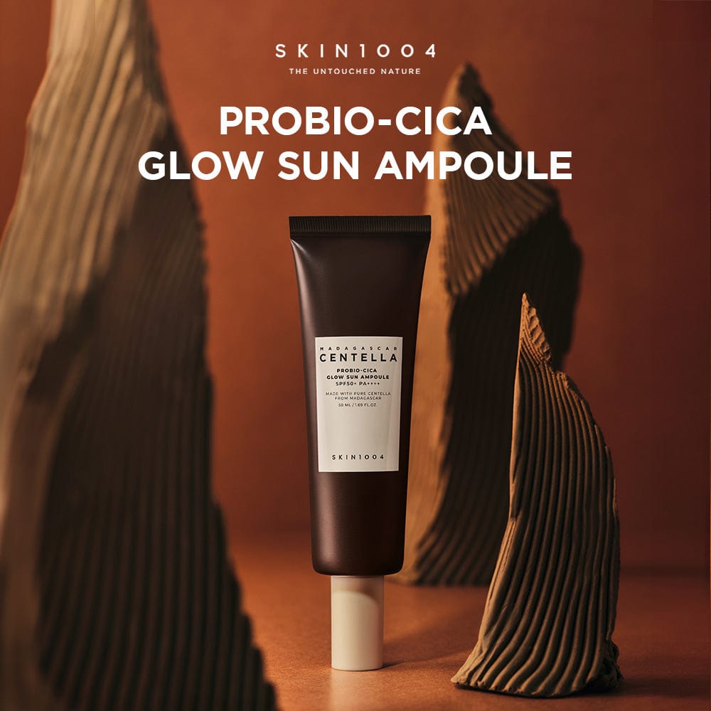 SKIN 1004 Madagascar Centella Probio-Cica Glow Sun Ampoule in a 50ml bottle, designed for skin soothing and sun protection.