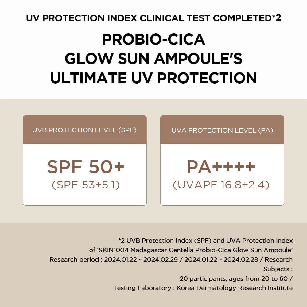 SKIN 1004 Madagascar Centella Probio-Cica Glow Sun Ampoule in a 50ml bottle with a pump dispenser, designed for skincare.