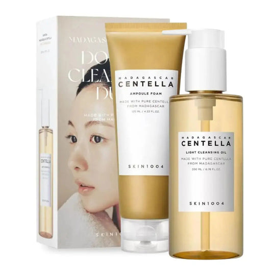 SKIN1004 Madagascar Centella Double Cleansing Duo featuring gentle facial cleansers with centella extract for healthy skin.