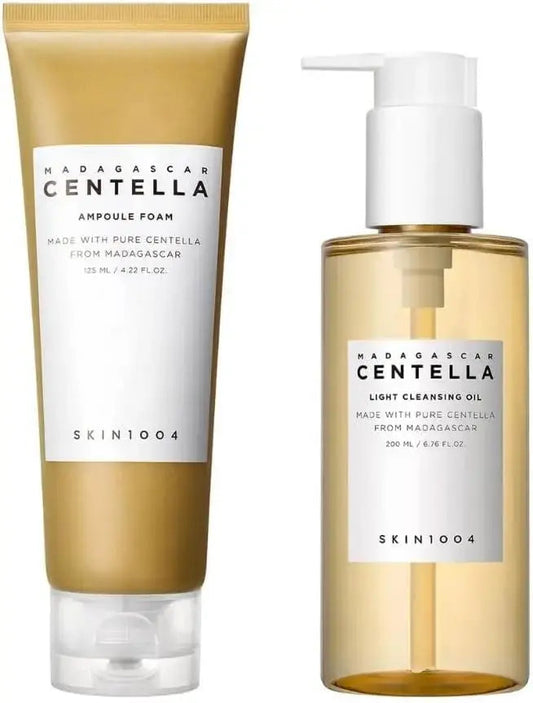 SKIN1004 Madagascar Centella Double Cleansing Duo with gentle facial cleansers and skincare products in the set.