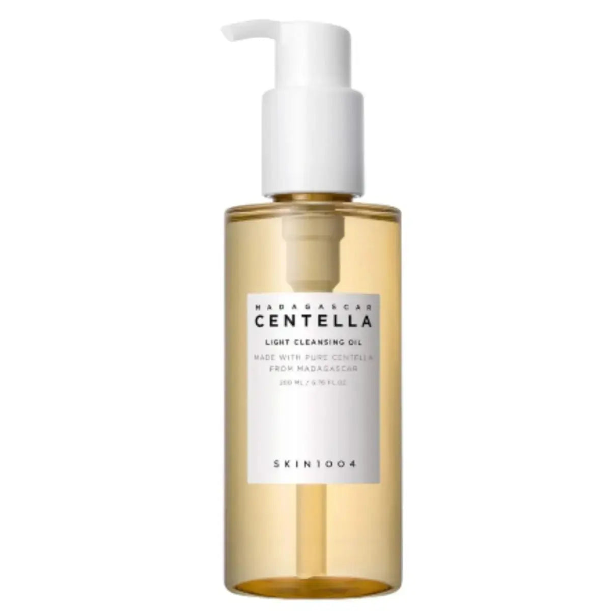 SKIN 1004 Madagascar Centella Light Cleansing Oil 200ml bottle with clear label and pump dispenser, suitable for gentle facial cleansing.