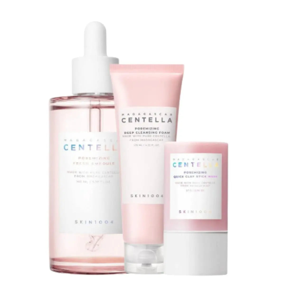 SKIN1004 Madagascar Centella Poremizing Quick Clay Set with ampoule, cream, and stick for pore care and soothing skincare.