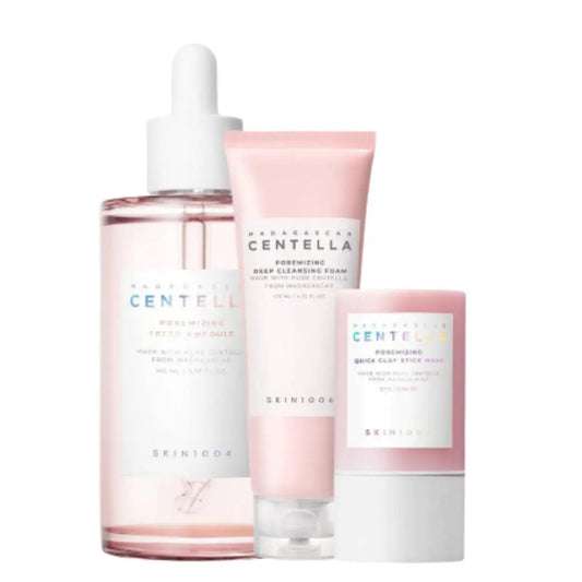 SKIN1004 Madagascar Centella Poremizing Quick Clay Set with ampoule, cream, and stick for pore care and soothing skincare.