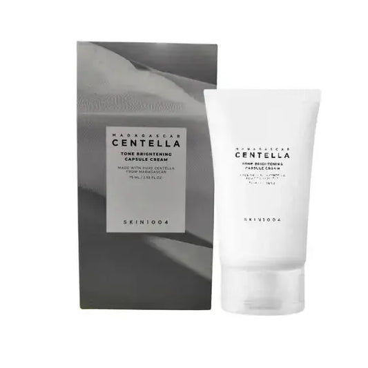 SKIN1004 Madagascar Centella Tone Brightening Capsule Cream in 75ml jar, featuring a white and green container with product label