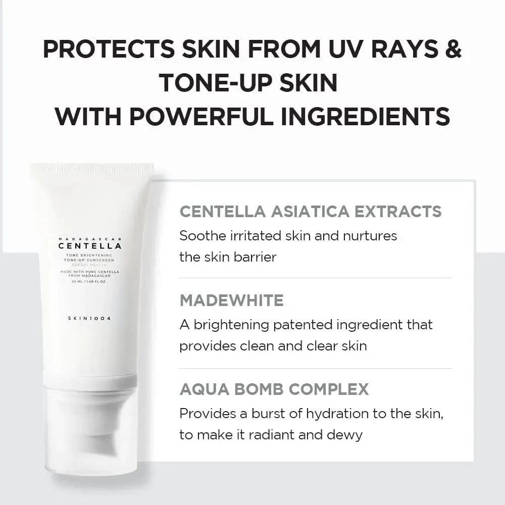 SKIN 1004 Madagascar Centella Sunscreen 50ml with brightening and tone-up benefits, featuring a tube with SPF protection.