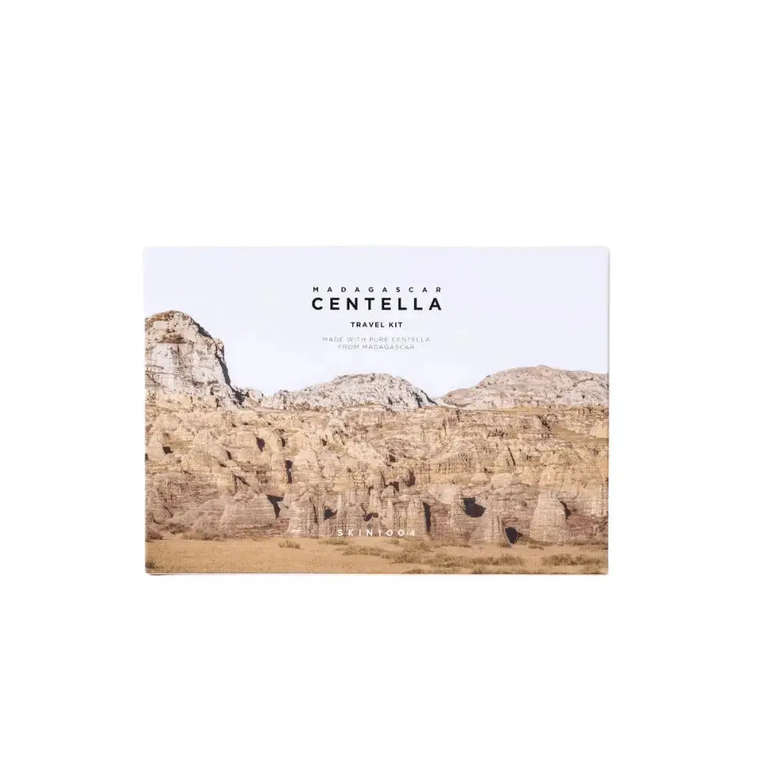 SKIN1004 Madagascar Centella Travel Kit with skincare products in travel-sized containers, featuring natural ingredients and gentle formulas.