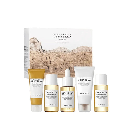 SKIN1004 Madagascar Centella Travel Kit with skincare products in travel-sized bottles, featuring natural Centella ingredients